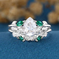 Pear cut Moissanite Engagement ring + Lab Emerald Curved Wedding bridal set