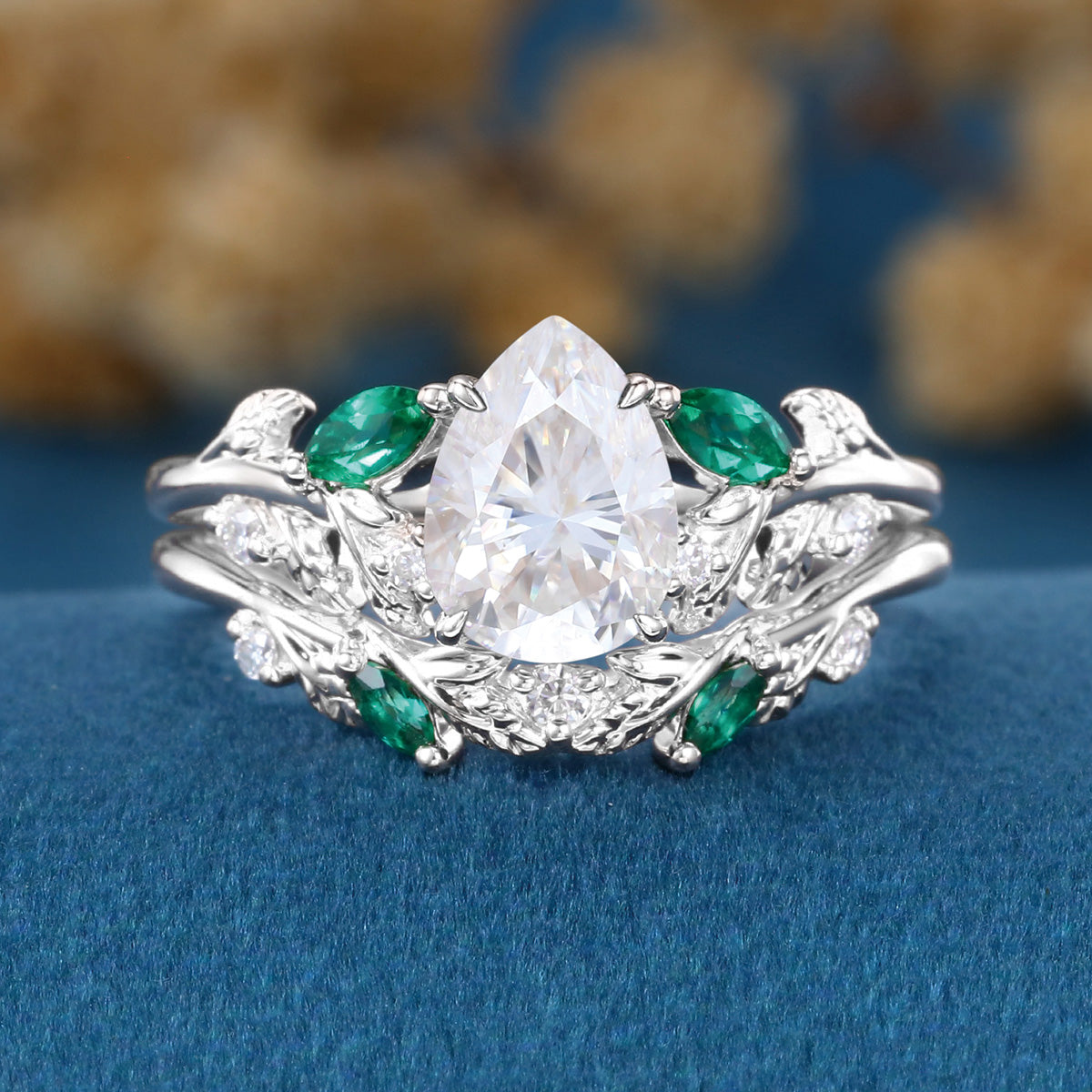Pear cut Moissanite Engagement ring + Lab Emerald Curved Wedding bridal set