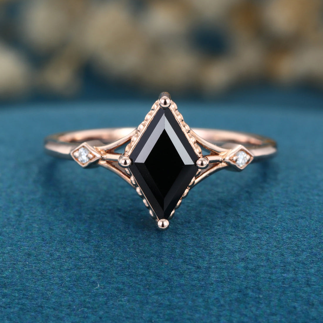 Lozenge cut Black Onyx Solid Gold Engagement Ring