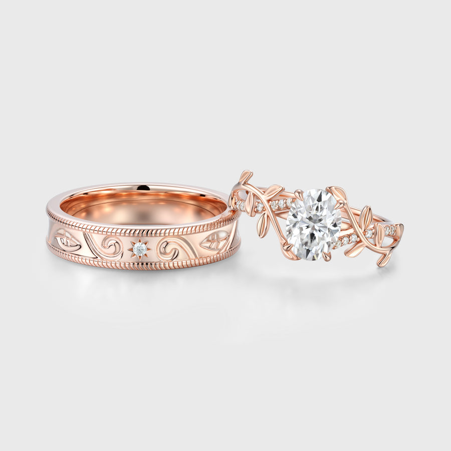 Nature Inspired Oval cut Moissanite Leaf Gold Engagement Ring
