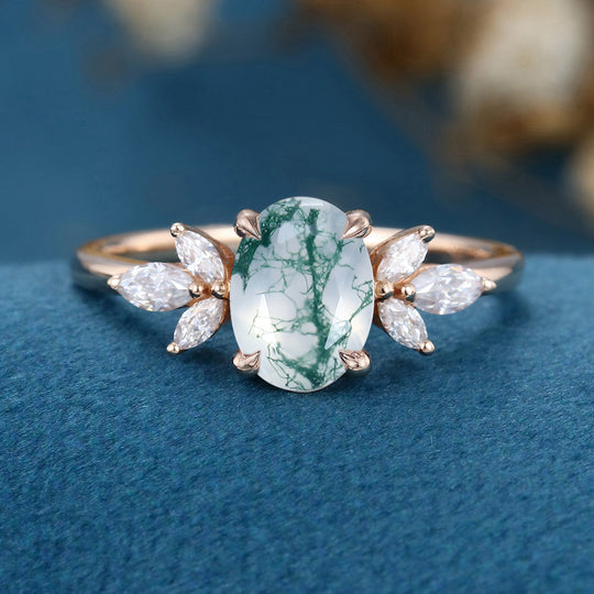 1.5ct Oval cut Moss Agate Engagement Ring 