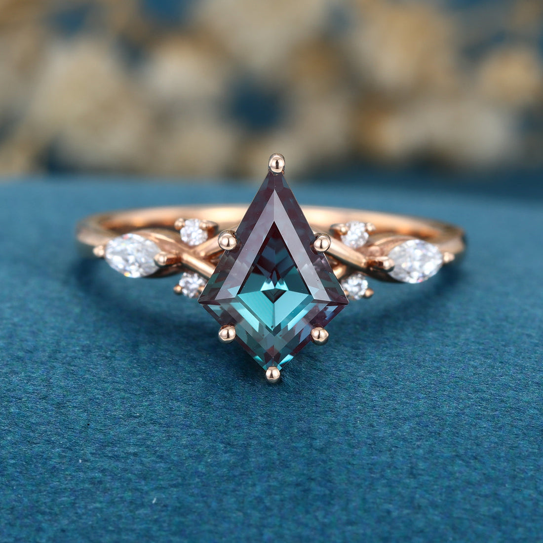 Kite cut Lab Alexandrite Solid Gold Engagement Ring