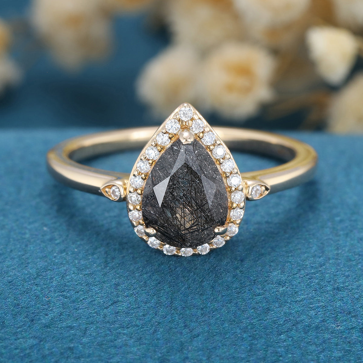 Pear cut Black Rutilated Quartz Halo Engagement ring