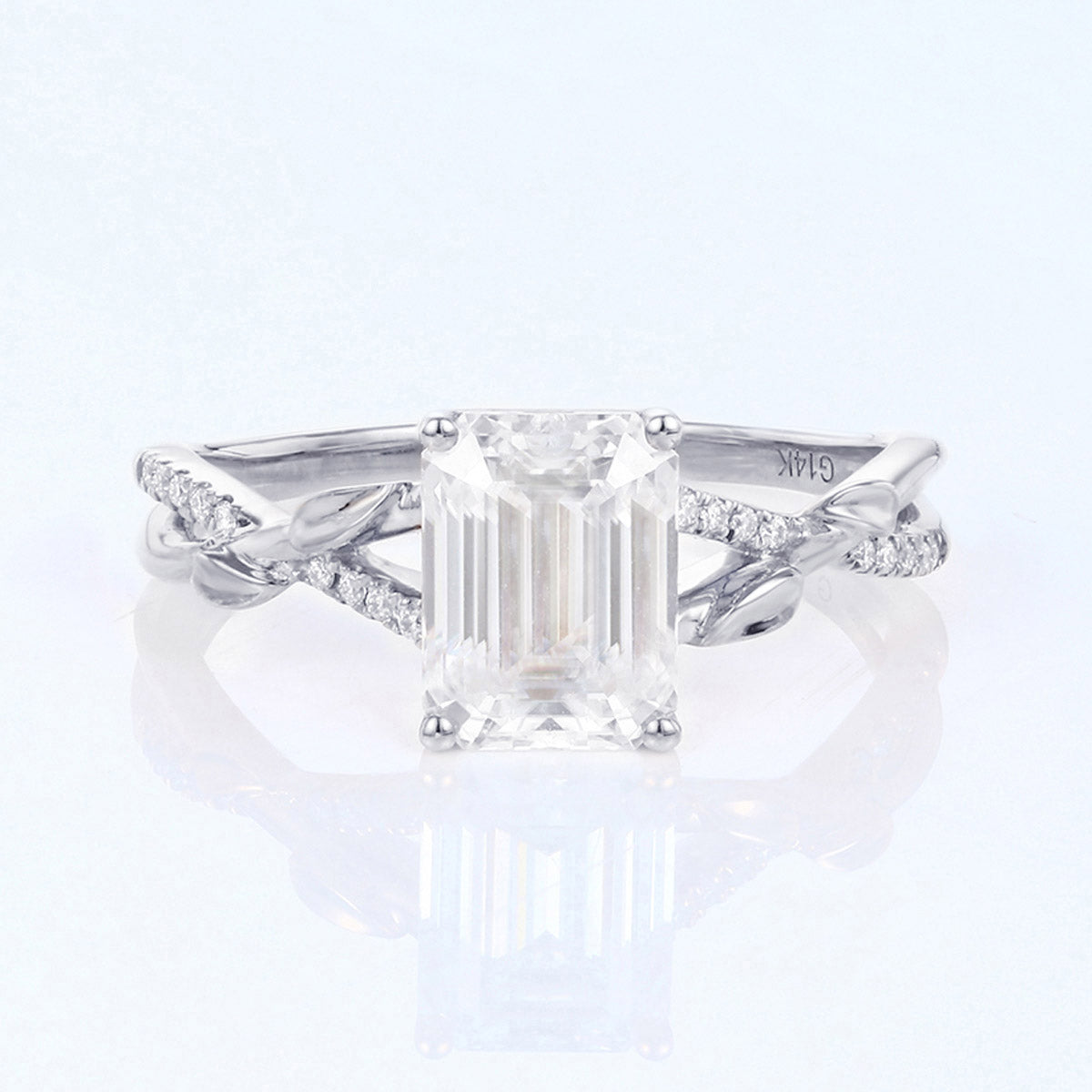 Nature Inspired Emerald cut Moissanite Leaf Gold Engagement Ring