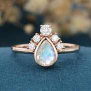 Bezel setting Pear cut Moonstone Halo Moissanite | Diamonds Gold Engagement Ring