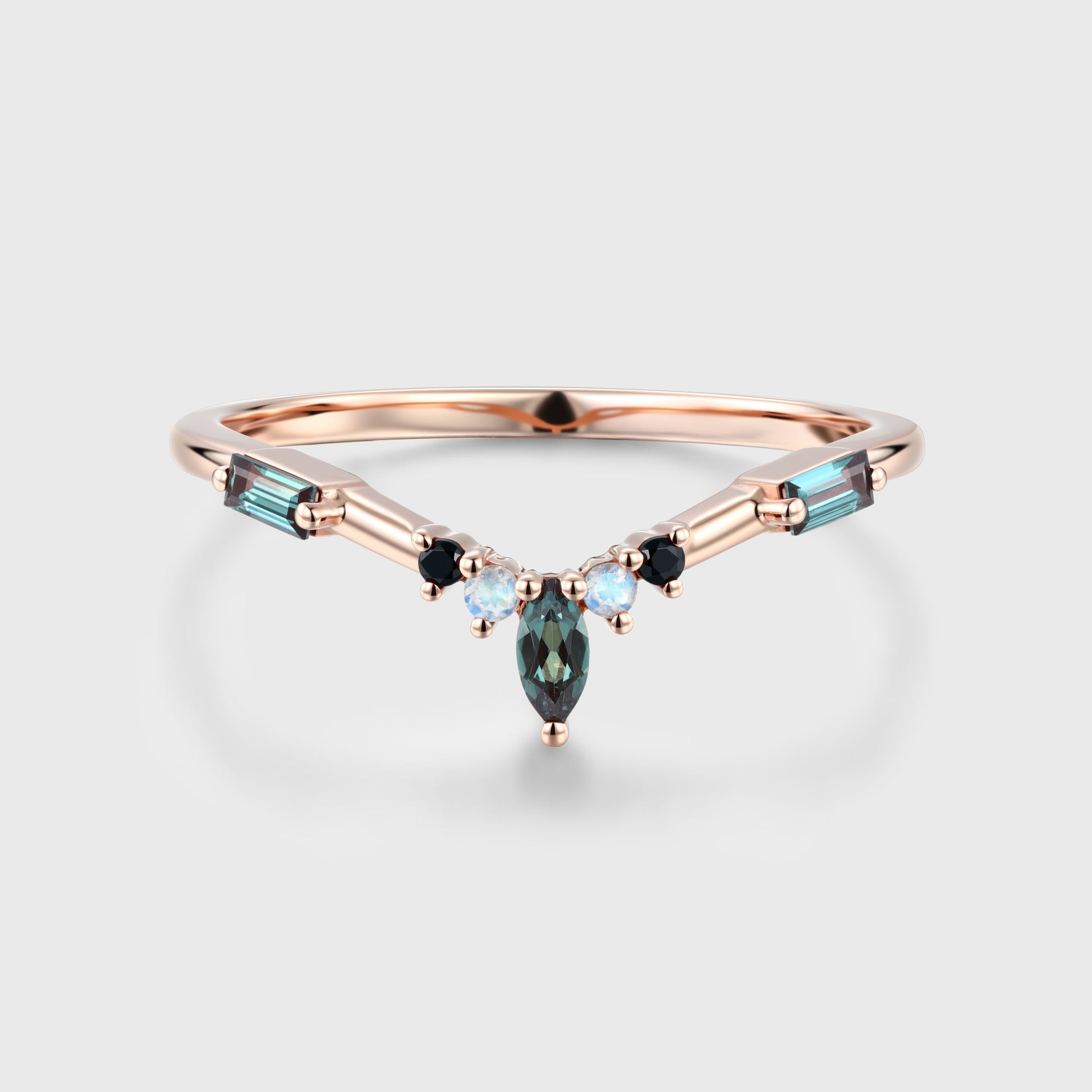 Lab Alexandrite+Moonstone Curved Wedding Band Matching Engagement ring