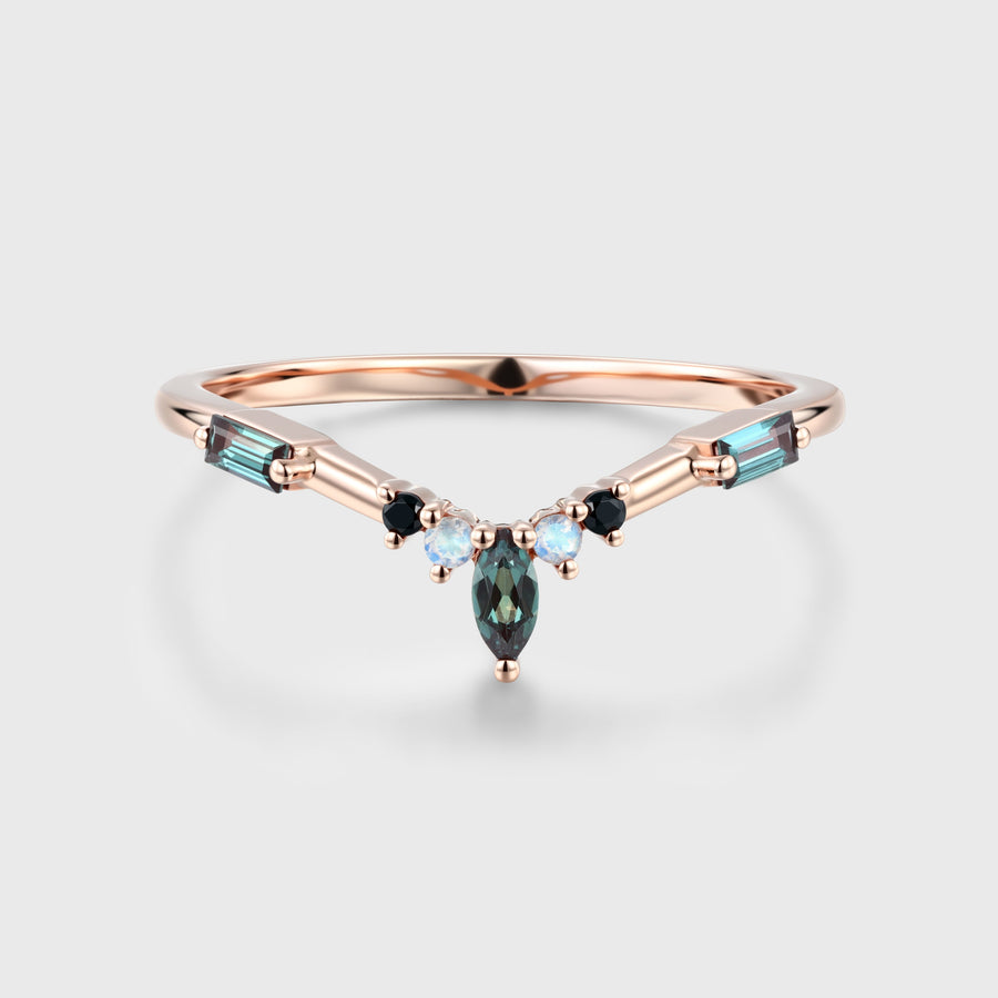 Lab Alexandrite+Moonstone Curved Wedding Band Matching Engagement ring