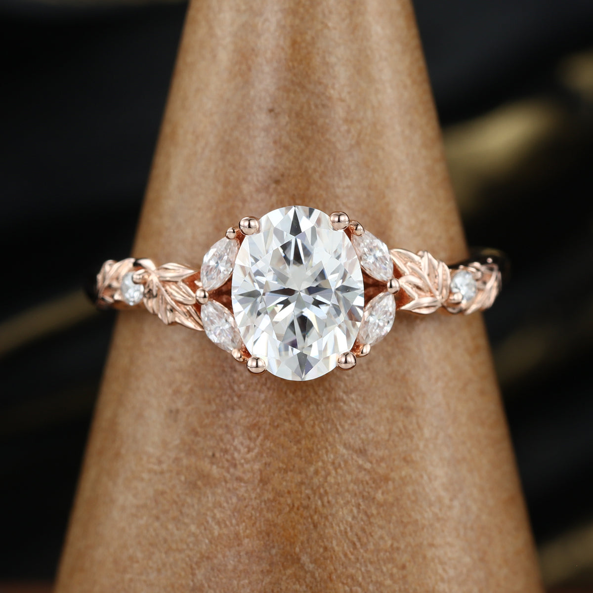 Nature Inspired Oval cut Moissanite Leaf Gold Engagement Ring