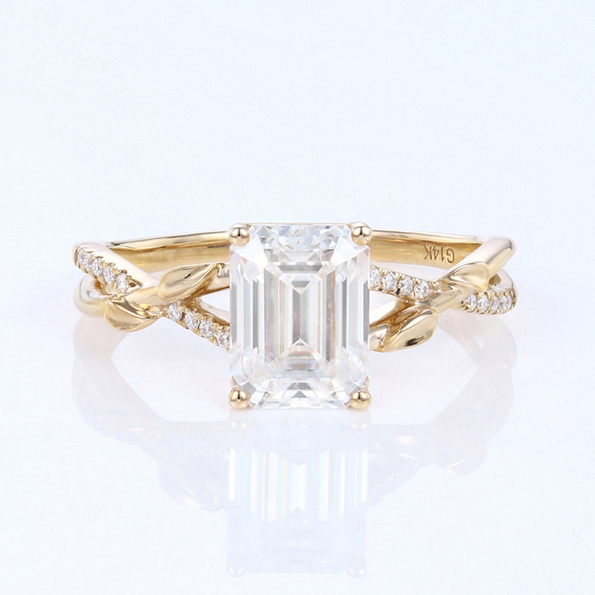 Nature Inspired Emerald cut Moissanite Leaf Gold Engagement Ring