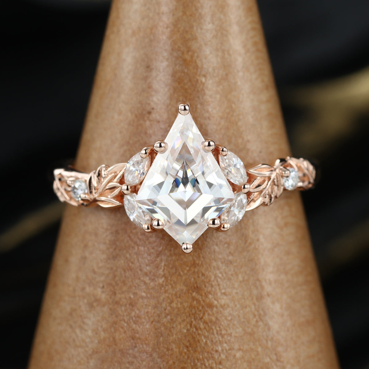 Nature Inspired Solid Gold Kite cut Moissanite Leaf Engagement Ring