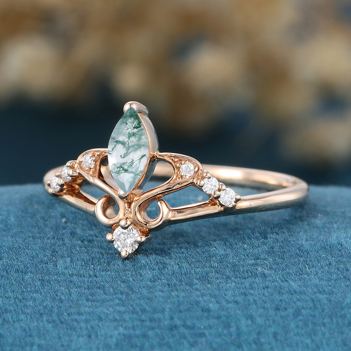 Cushion cut Moss Agate Matching Mossanite | Diamonds Gold Engagement Ring (Copy)