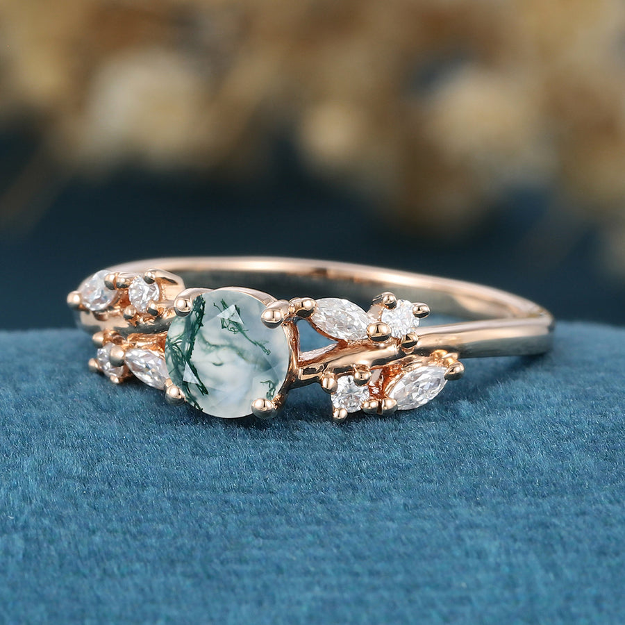 Round cut Moss Agate Matching Mossanite | Diamonds Gold Engagement Ring