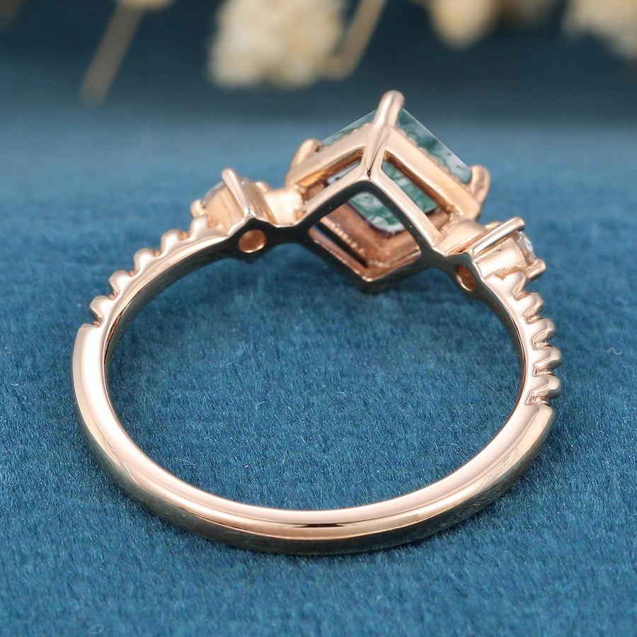 Bezel setting Princess cut Moss Agate Matching Mossanite | Diamonds Gold Engagement Ring