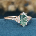 Long Hexagon cut Moss Agate Matching Mossanite | Diamonds Gold Engagement Ring (Copy)