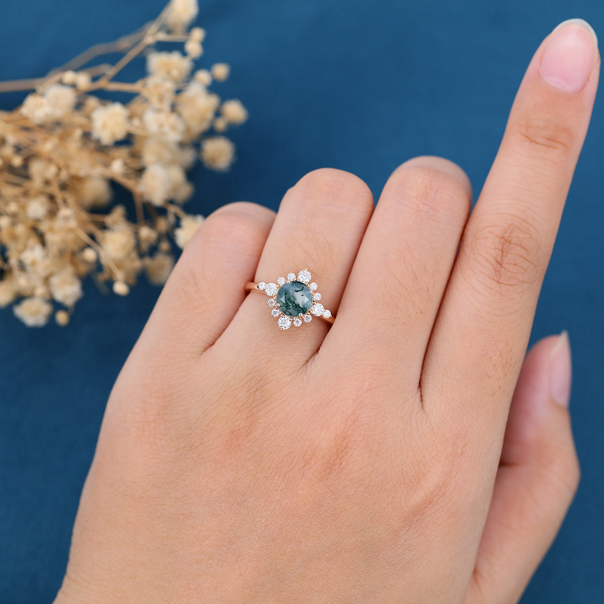 Round cut Moss Agate Halo Mossanite | Diamonds Gold Engagement Ring