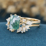 Emerald cut Moss Agate Matching Mossanite | Diamonds Gold Bridal Set