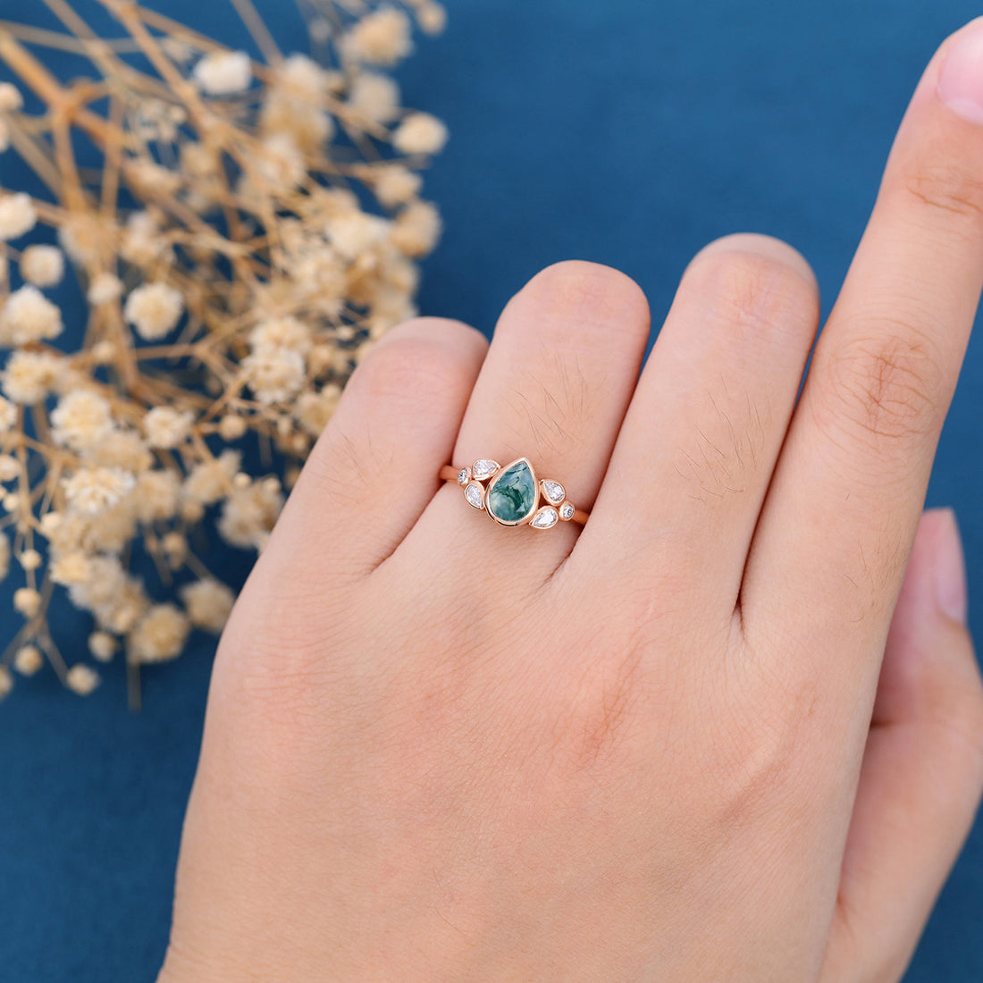 Bezel setting Pear cut Moss Agate Gold Engagement Ring