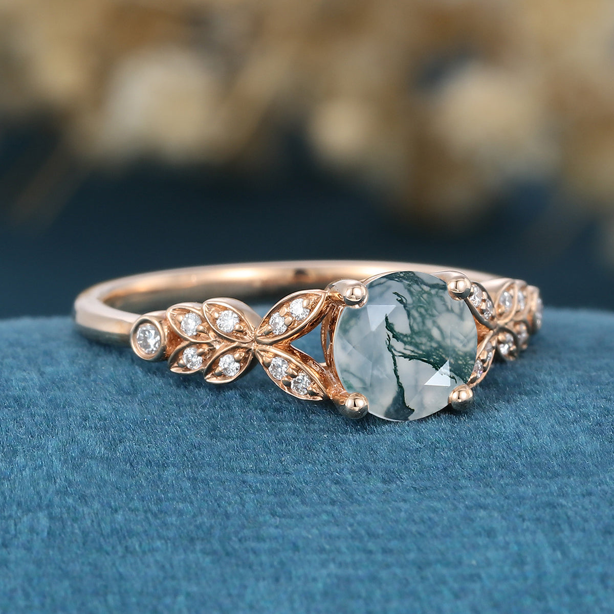 Round cut Moss Agate Matching Mossanite | Diamonds Gold Engagement Ring