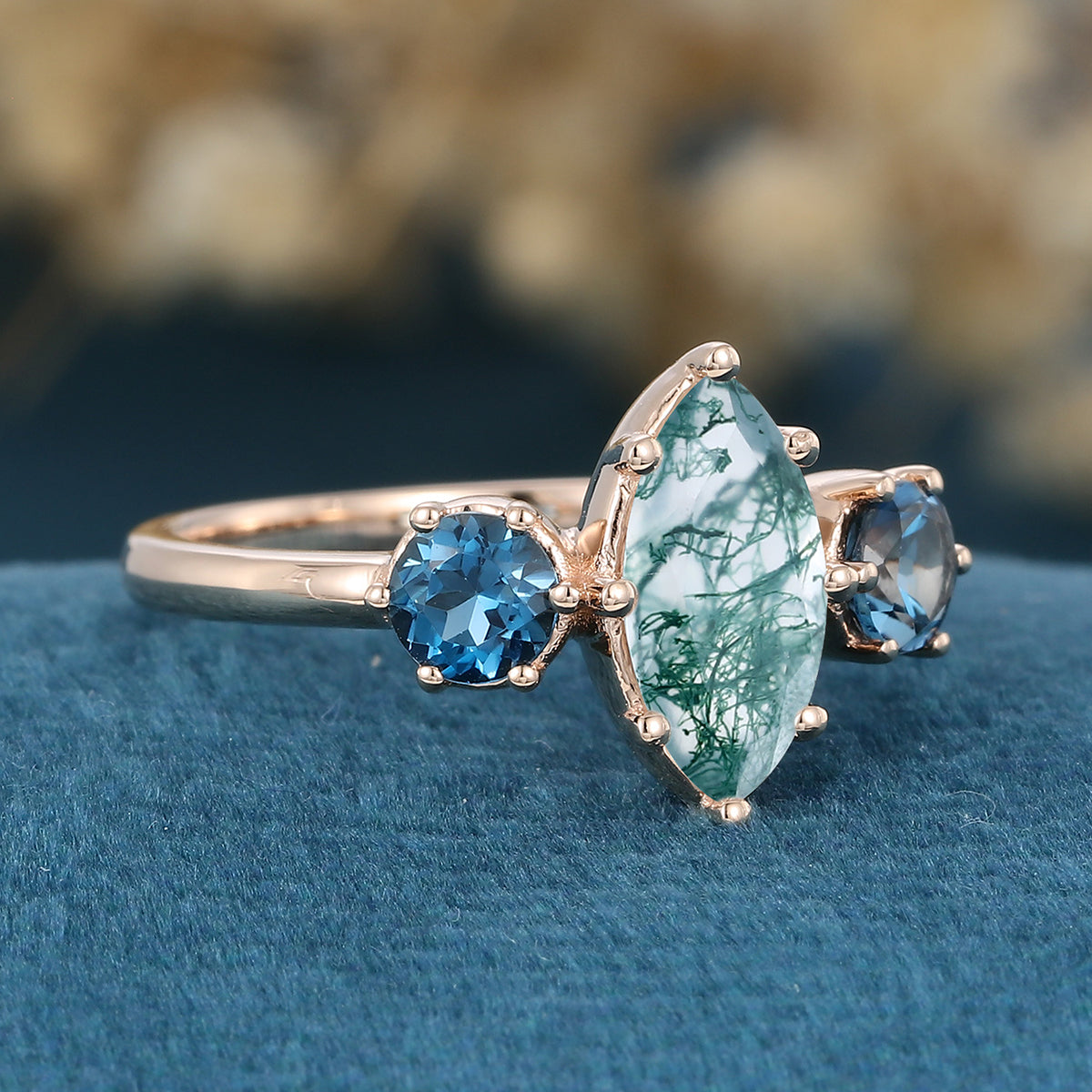 Round cut Moss Agate Matching Mossanite | Diamonds Gold Engagement Ring