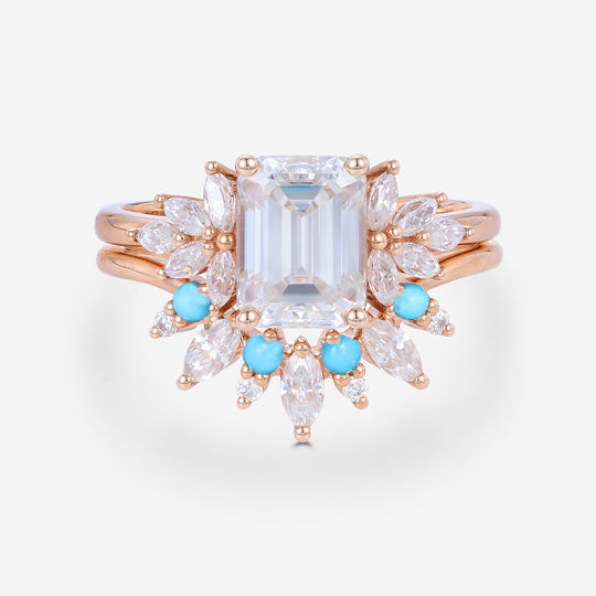 2PCS Emerald Cut Moissanite Cluster Engagement ring Bridal Set