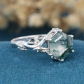 Inspired Hexagon Cut Natural Green Moss Agate  Engagement Ring