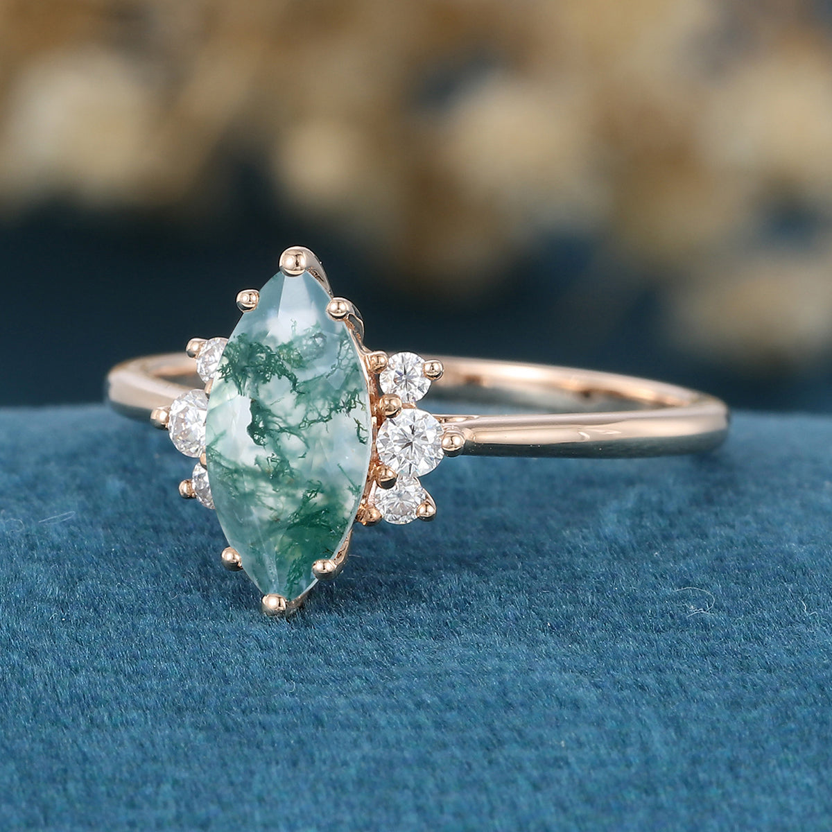 Marquise cut Moss Agate Matching Mossanite | Diamonds Gold Engagement Ring