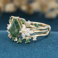 Nature Inspired Oval cut Moss Agate Leaf Gold Ring set (Copy)