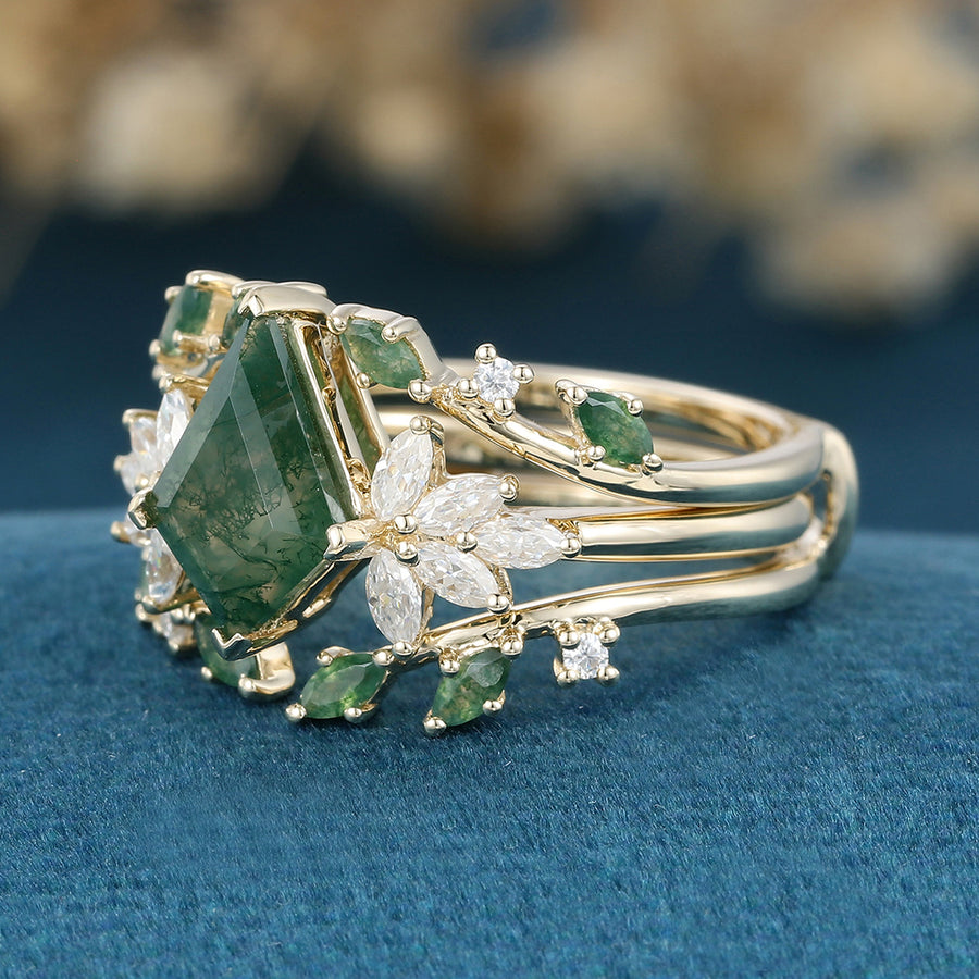 Nature Inspired Oval cut Moss Agate Leaf Gold Ring set (Copy)