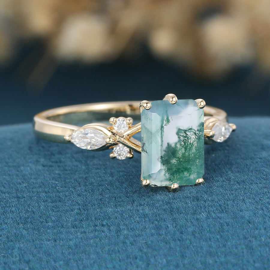 Emerald cut Moss Agate Matching Mossanite | Diamonds Gold Engagement Ring