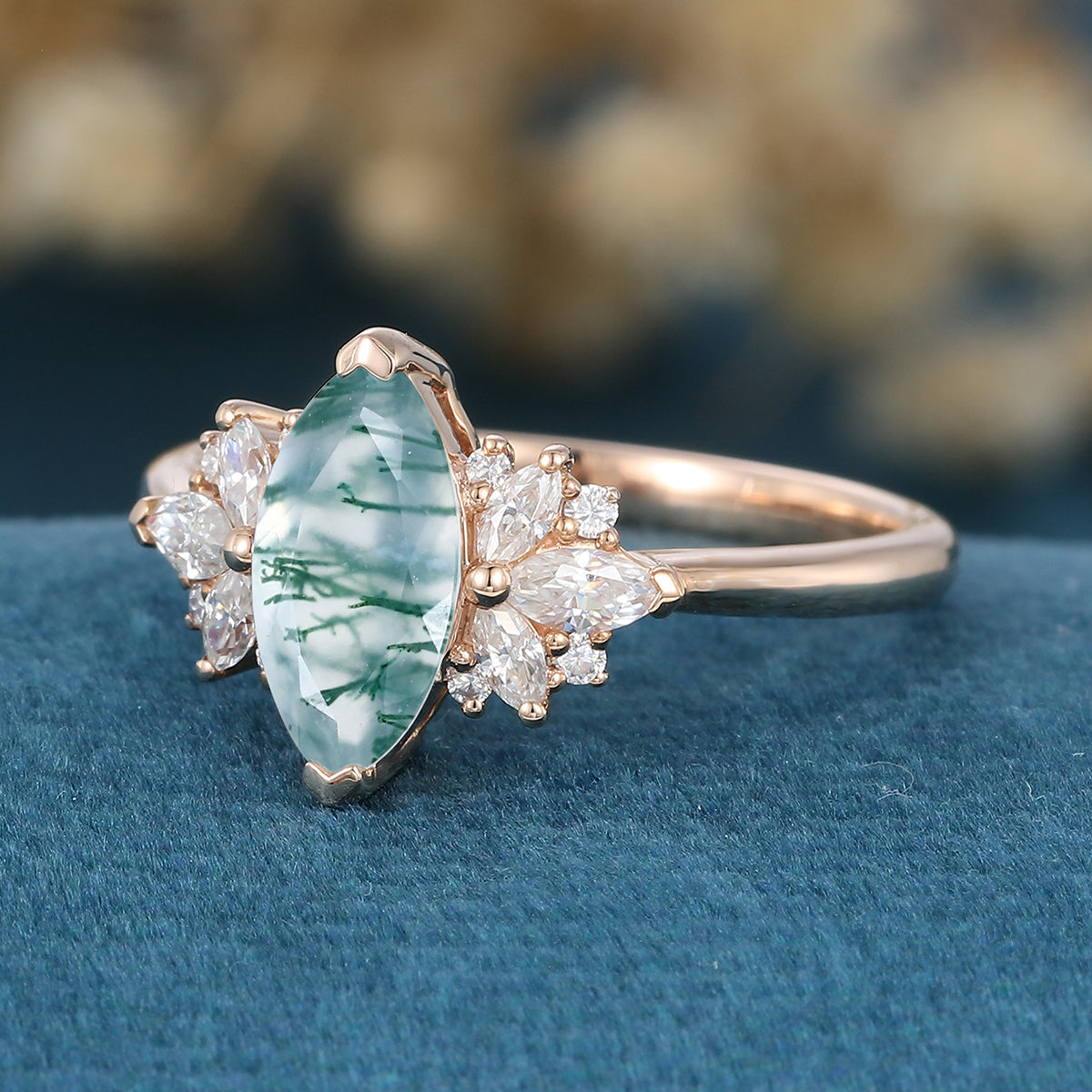 Marquise cut Moss Agate Matching Mossanite | Diamonds Gold Engagement Ring