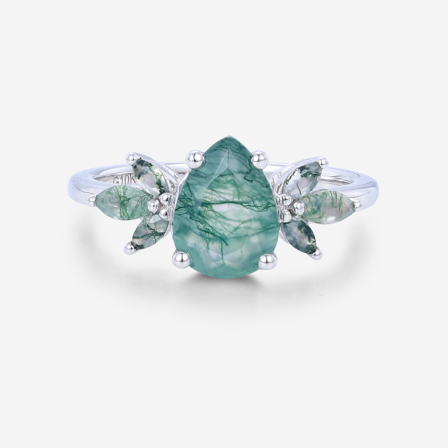 Natural Green Moss Agate pear cut cluster Engagement Ring