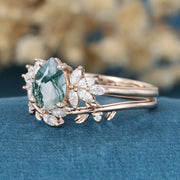 Nature Inspired Pear cut Moss Agate Leaf Gold Ring set