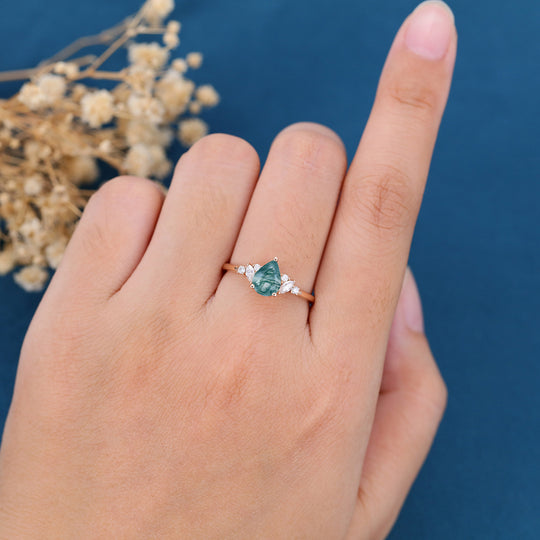 Pear cut Moss Agate Matching Mossanite | Diamonds Gold Engagement Ring
