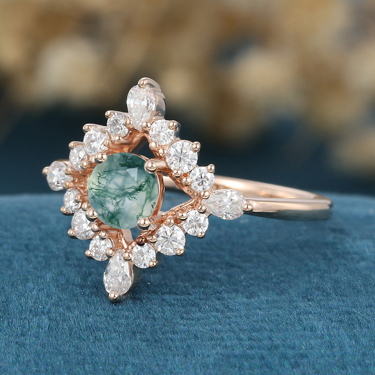 Round cut Moss Agate Matching Mossanite | Diamonds Gold Engagement Ring