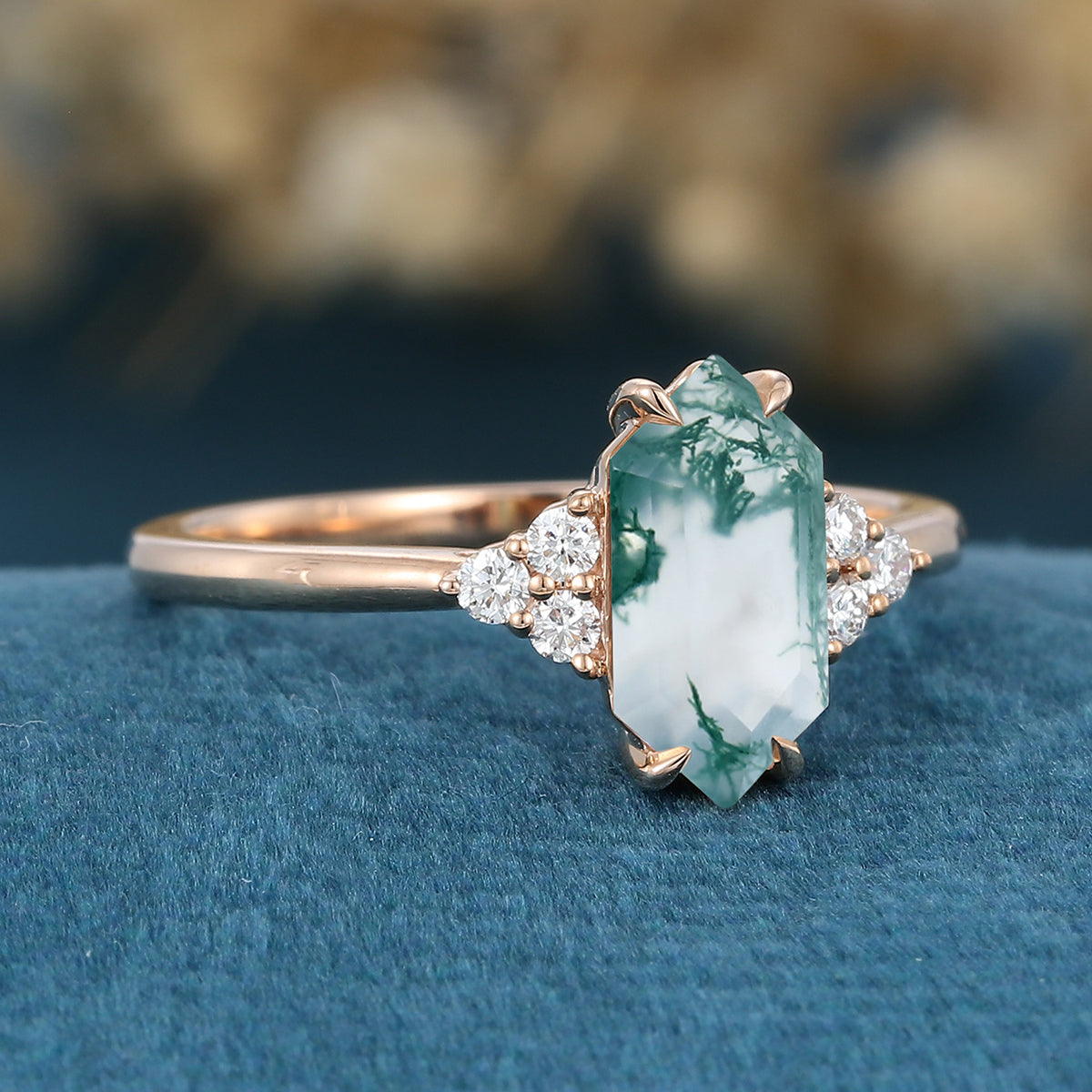 Long Hexagon cut Moss Agate Matching Mossanite | Diamonds Gold Engagement Ring