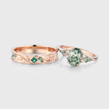 Forever Glow Moss Agate Couple Rings | Rose Gold Leaf Wedding Bridal Set