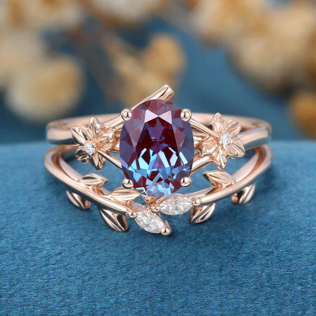 Oval cut Alexandrite | Diamond Engagement Ring Bridal Set 