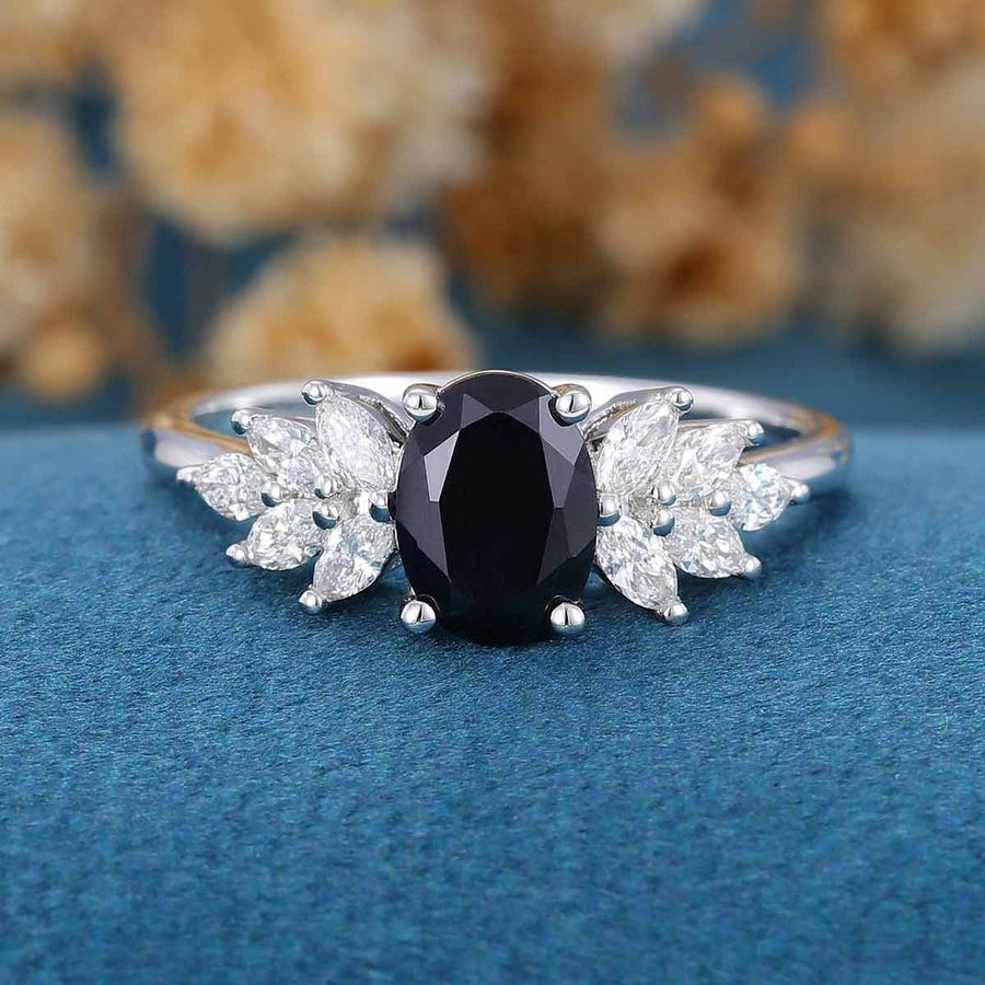 Oval cut Black Sapphire Cluster Engagement ring