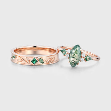 Forever Glow Moss Agate Couple Rings | Rose Gold Leaf Wedding Bridal Set (Copy)