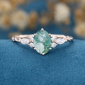 Natural Green Moss Agate Oval cut cluster Engagement Ring 