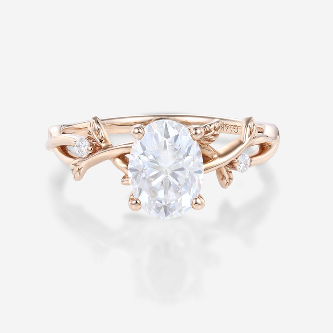 Nature Inspired Oval cut Moissanite Leaf Gold Engagement Ring