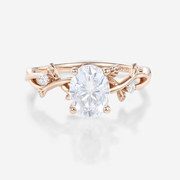 Nature Inspired Oval cut Moissanite Leaf Gold Engagement Ring