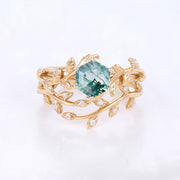 Nature Inspired Hexagon cut Moss Agate Leaf Gold ring set