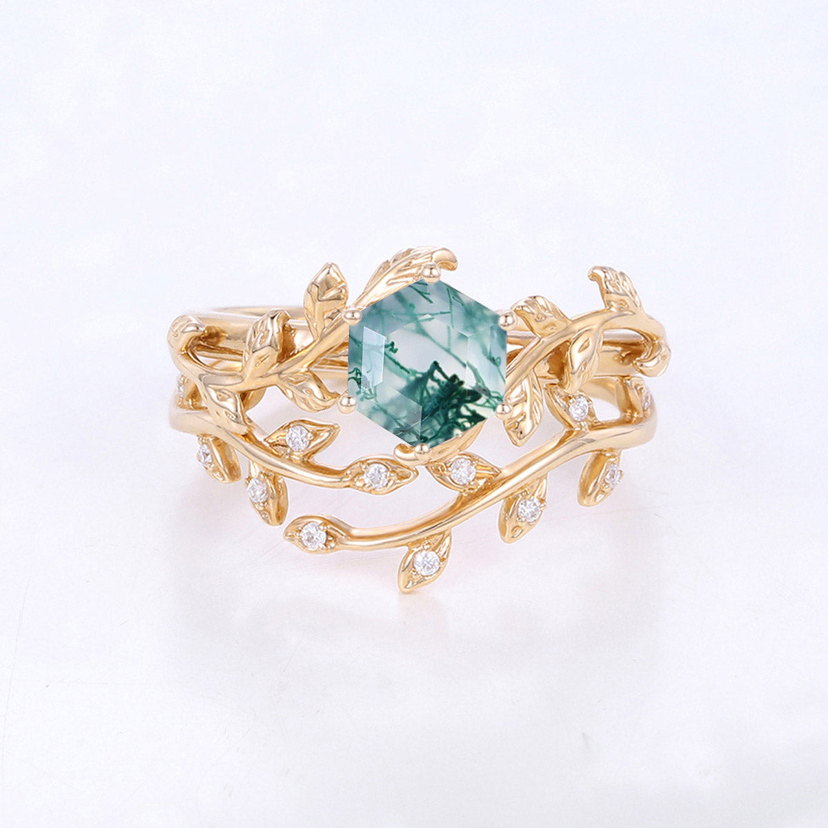 Nature Inspired Hexagon cut Moss Agate Leaf Gold ring set