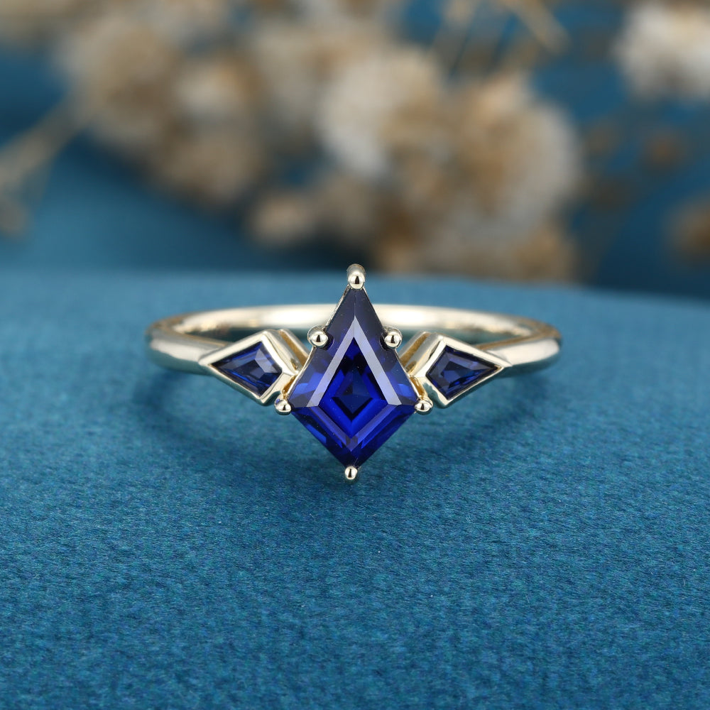 Kite Cut Lab Sapphire Yellow Gold Engagement Ring