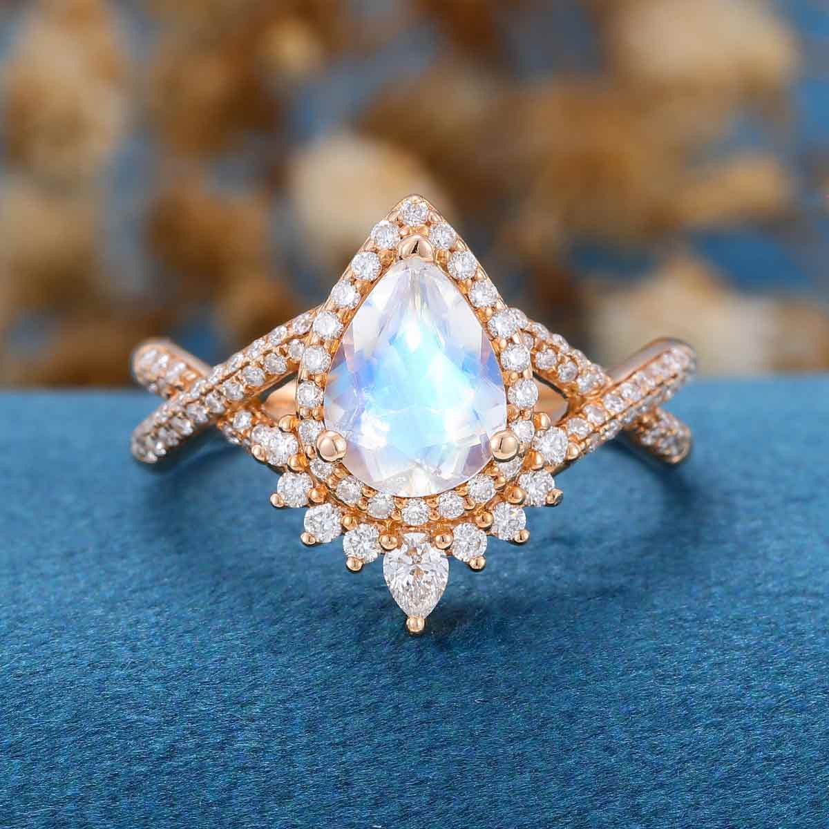 Pear cut Moonstone Solid Gold Engagement Ring