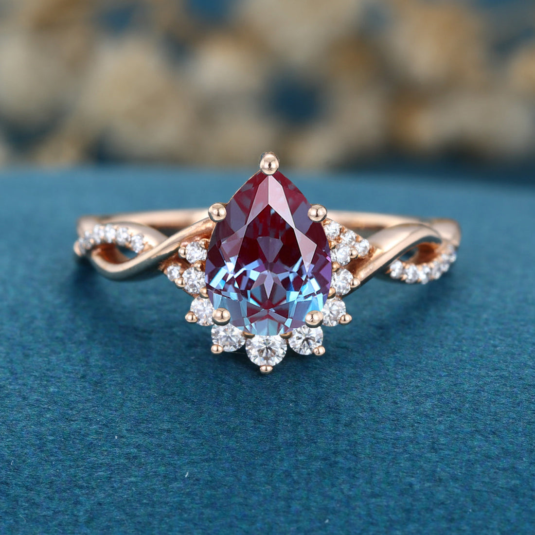 Pear cut Lab Alexandrite Solid Gold Engagement Ring