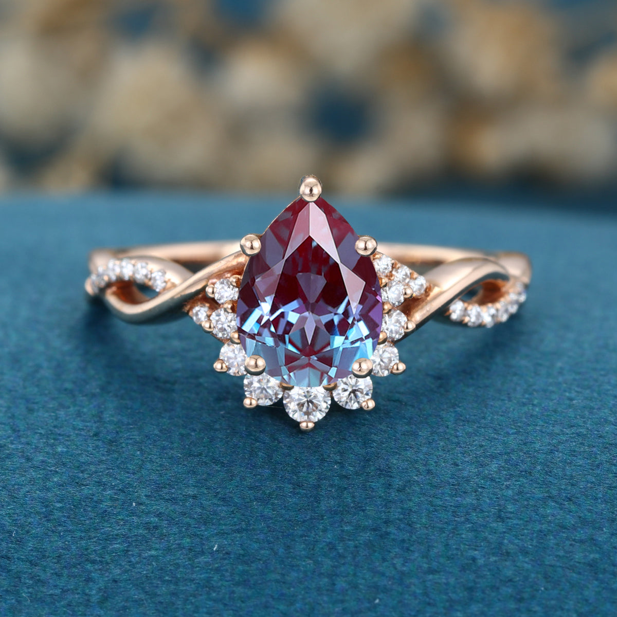 Pear cut Lab Alexandrite Solid Gold Engagement Ring