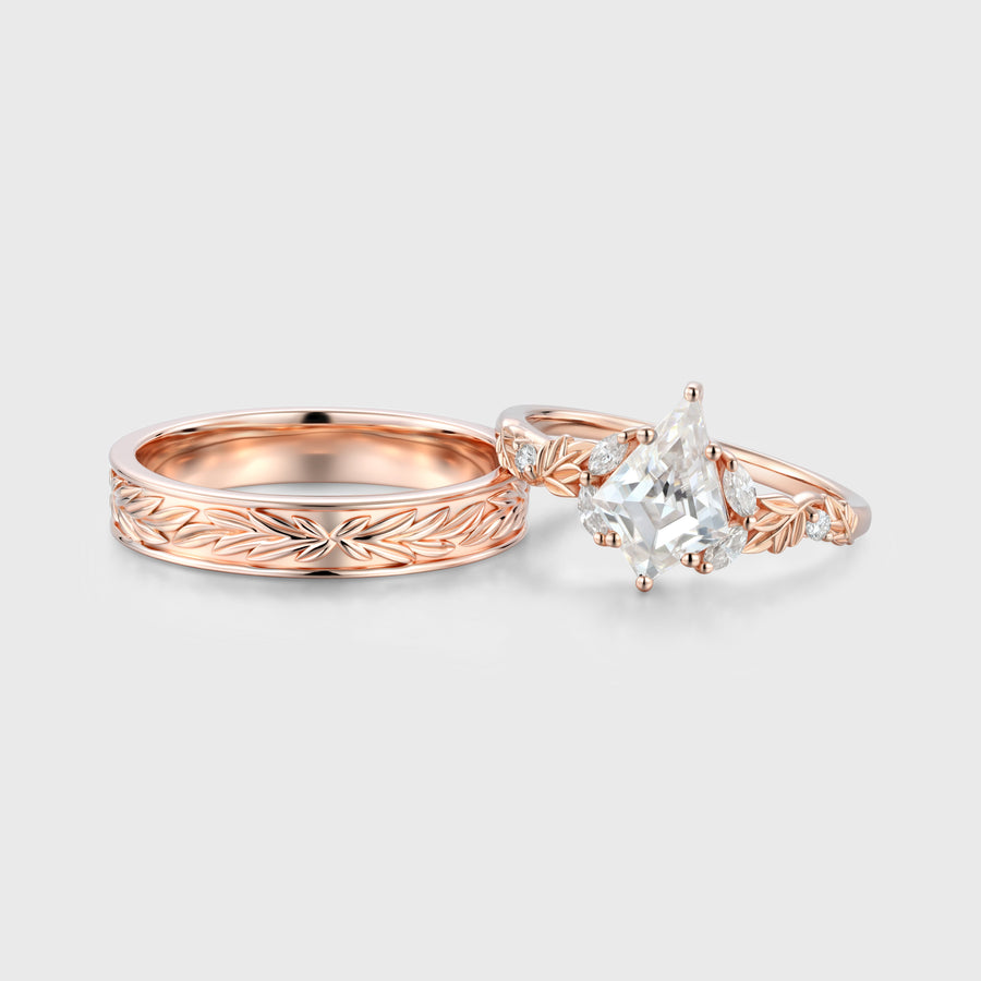 Nature Inspired Moissanite Couple Rings | D Color VVS1 | Rose Gold Leaf Wedding Bridal Set