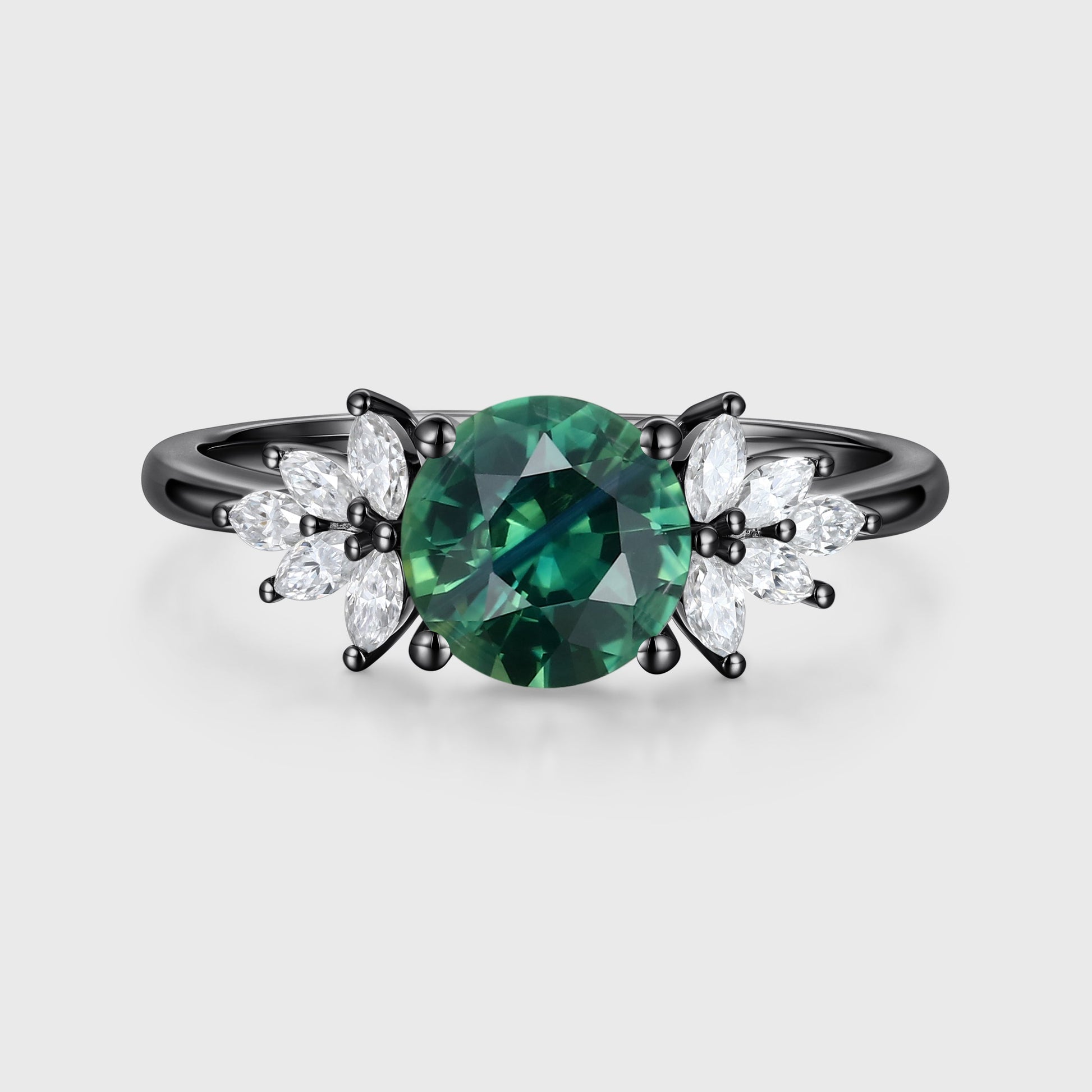 Round Blue green sapphire Cluster Engagement ring